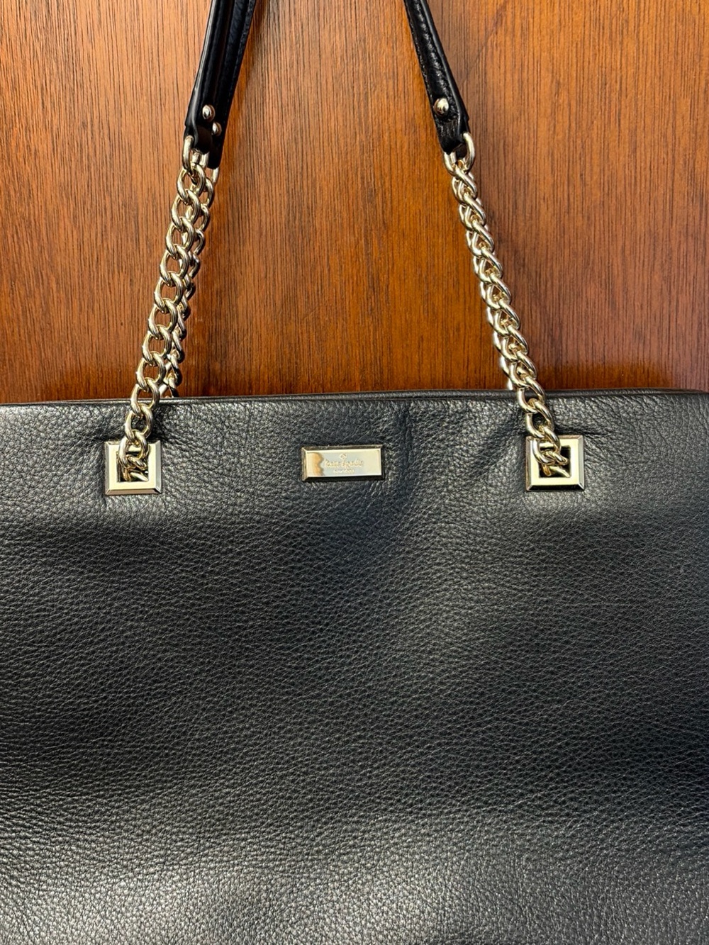 kate spade Black Pebbled Leather Tote with Gold Chain Straps